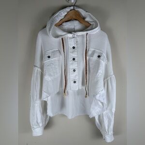 POL White Waffle Knit Button Up Balloon Sleeve Cropped Top Tassled Hooded Small